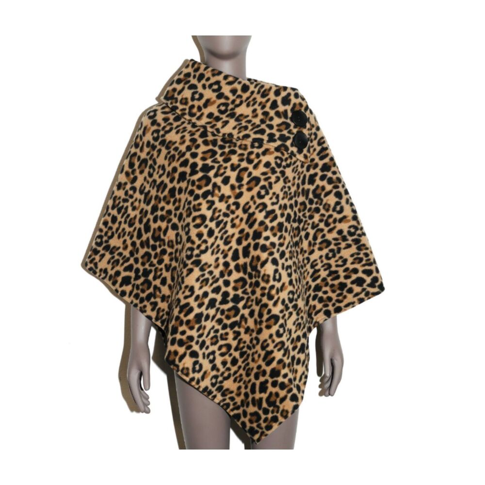 Leopard Print Poncho Cape One Size Button Cowl Neck Boho Chic Fall Cozy Wrap